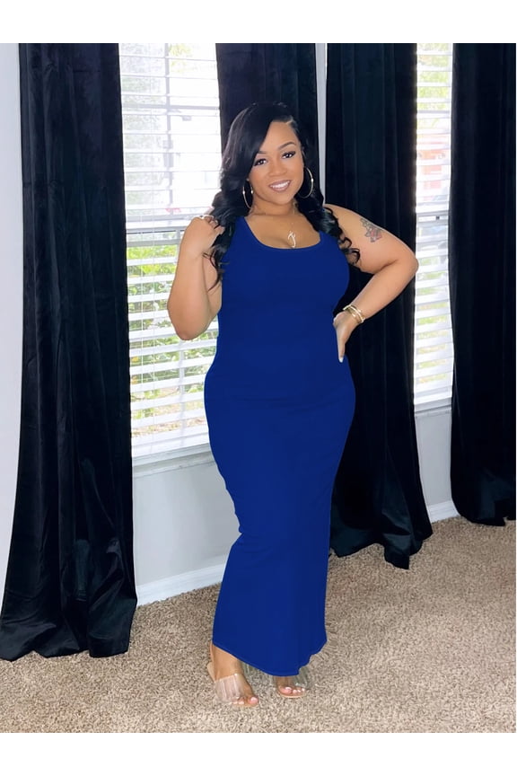 Women Plus Size Sleeveless Bodycon Maxi Dresses Sexy Slim Tank Dresses Blue 5XL