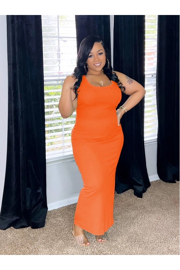 Women Plus Size Sleeveless Bodycon Maxi Dresses Sexy Slim Tank Dresses Orange 4XL