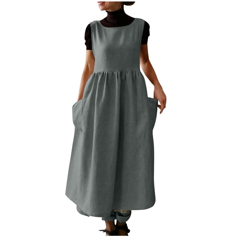grey pinafore dress womens Hinvhai Women Plus Size Solid Color Vintage Pleated Split Apron Pinafore Dress with Two Pockets Gray, Women's, Size: XL