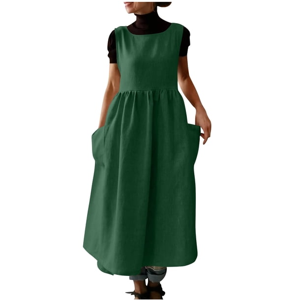 Hinvhai Women Plus Size Solid Color Vintage Pleated Split Apron Pinafore Dress with Two Pockets Green, Women's, Size: Small