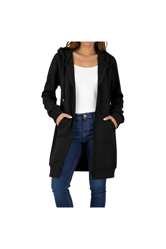 Women Plus Size Solid Color Zip Up Hoodies Long Sleeve Tunic Sweatshirt Long Hoodie Jacket with Pockets Drawstring Hood Long Winter W arm Coats for Women Soft Hoodies Athletic Jacket