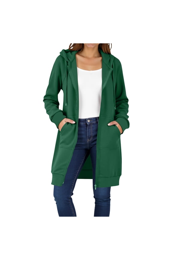 Women Plus Size Solid Color Zip Up Hoodies Long Sleeve Tunic Sweatshirt Long Hoodie Jacket with Pockets Drawstring Hood Long Winter W arm Coats for Women Soft Hoodies Athletic Jacket