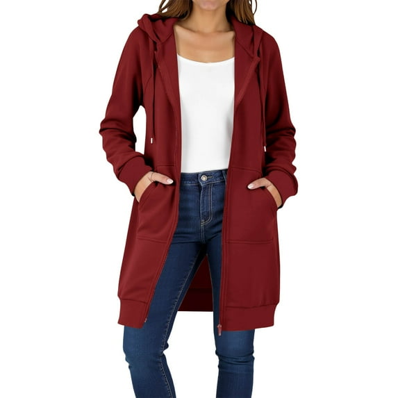 Women Plus Size Solid Color Zip Up Hoodies Long Sleeve Tunic Sweatshirt Long Hoodie Jacket with Pockets Drawstring Hood Long Winter W arm Coats for Women Soft Hoodies Athletic Jacket