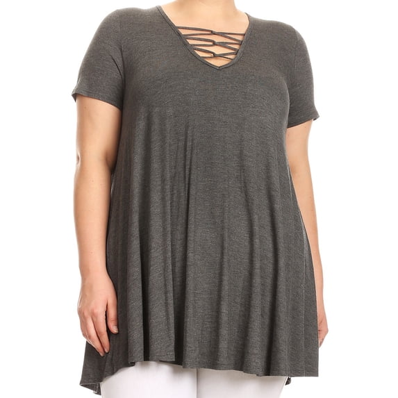 Women Plus Size Solid Long Body Crossed Neckline Tunic Knit Top Tee Charcoal XL B508 BNY Corner