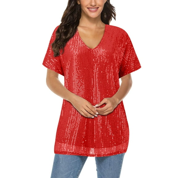 Women Plus Size Sparkly Sequin V Neck Short Sleeve Loose Bling Tee Top Shirt