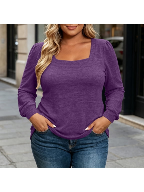 Women Plus Size Square Neck Long Sleeve Solid Tops Casual Blouse