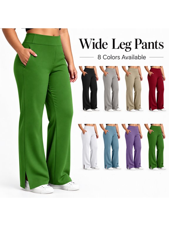 Women Plus Size Stretch Work Pants, High Waist Split Hem Leggings Dress Trousers with Pockets for Everyday, Light Sports Green L