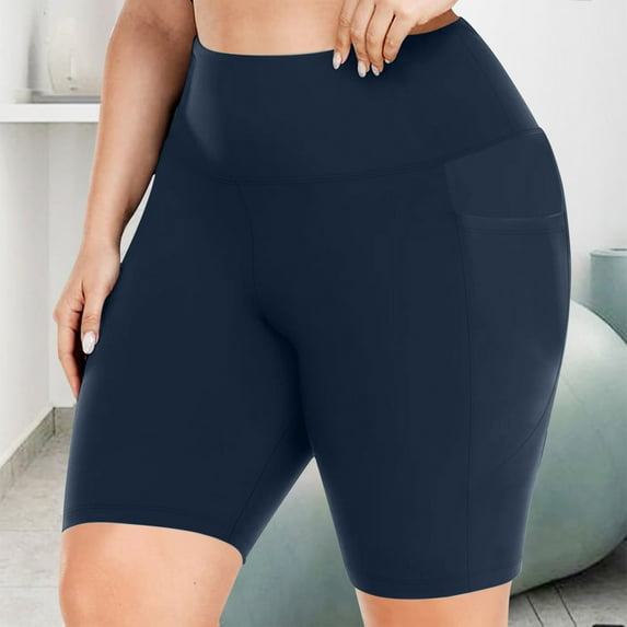 Women Plus Size Stretchy Yoga Short High Waisted Workout Biker Shorts with Bottom Pockets for Fitness Sports Navy 4XL