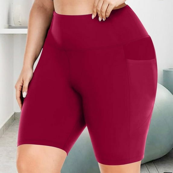 Women Plus Size Stretchy Yoga Short High Waisted Workout Biker Shorts with Bottom Pockets for Fitness Sports Wine 4XL