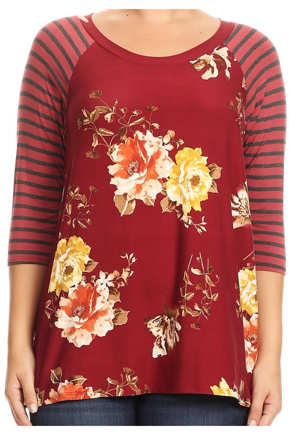 Women Plus Size Striped Sleeve Floral Printed Jersey Tunic Knit Top Tee Burgundy Gold 1XL B4991 BNY Corner