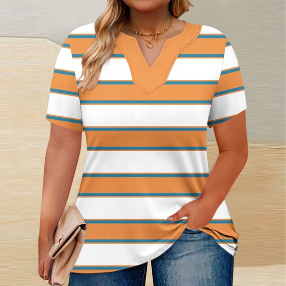 Women Plus Size Striped T Shirts Casual V Neck Short Sleeve Summer Loose Daily Tunic Tops,Sizes L-5XL