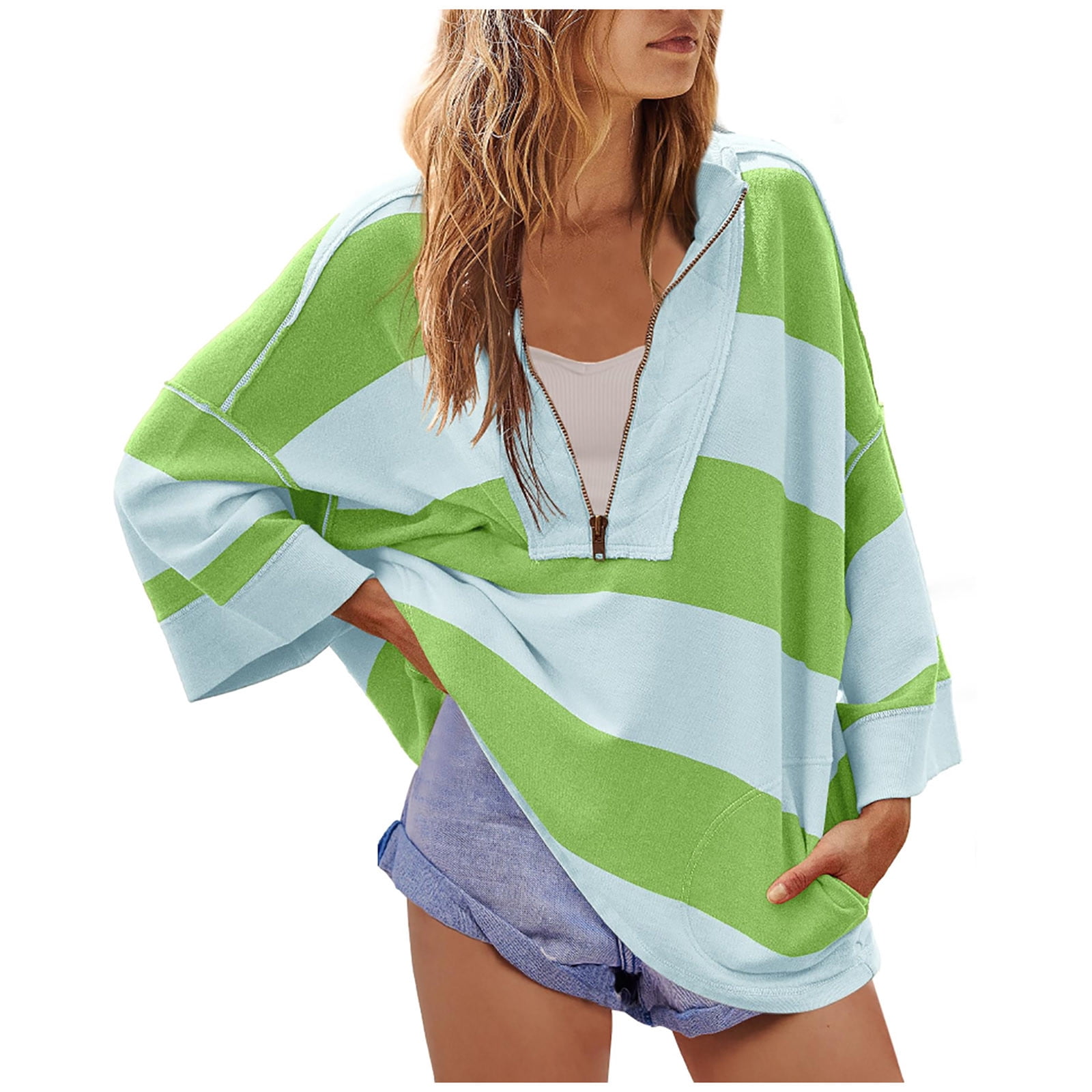 Women Plus Size Striped Tee Shirts Half Zip Long Sleeve V Neck