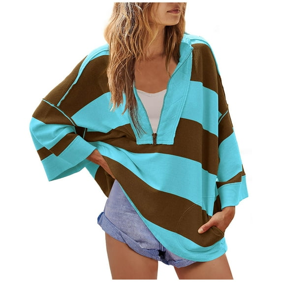 Women Plus Size Striped Tee Shirts Half Zip Long Sleeve V Neck Color Block Loose Fitting Casual Pullover Tee Tops,Mint Green,XL