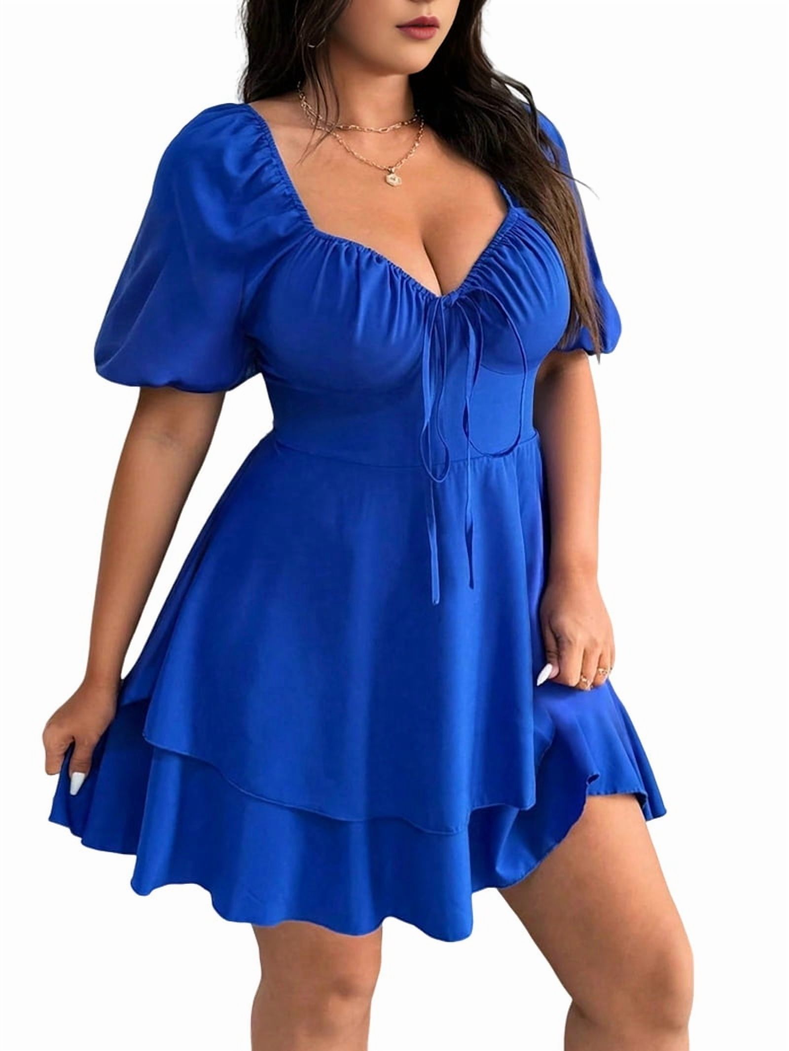 ZOMVA Plus Size Summer Dress – Tie Front, Sweetheart Neck, Puff Sleeve A-Line Midi