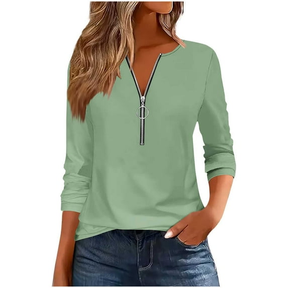 Women Plus Size Sweaters 3/4 Sleeve Zip V Neck Ribbed Solid Color Casual Blouses Tops (XL, Green)