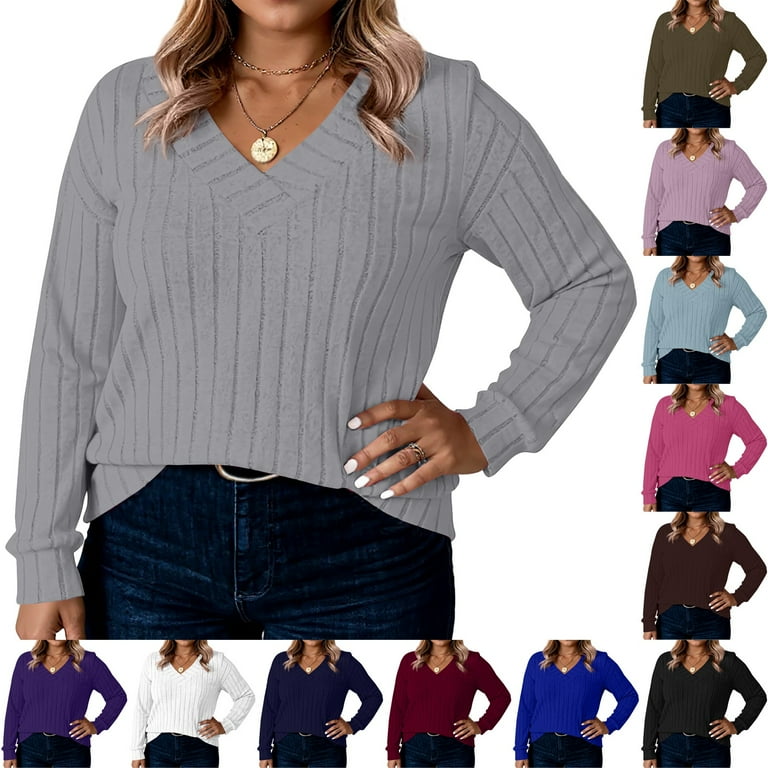 Women Plus Size Sweaters Cable Knit Long Sleeve V Neck Sweaters