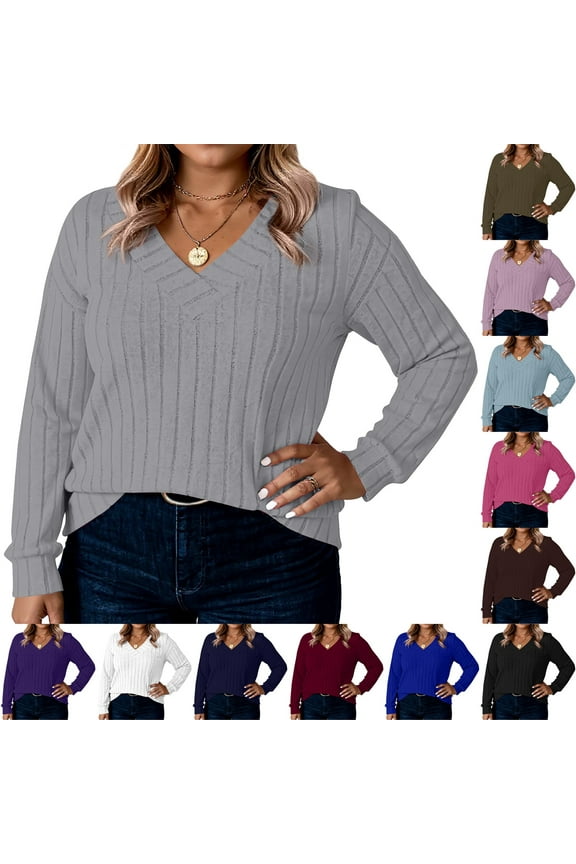 Women Plus Size Sweaters Cable Knit Long Sleeve V Neck Sweaters Tops Casual Soft Loose Fit Pullover Sweater