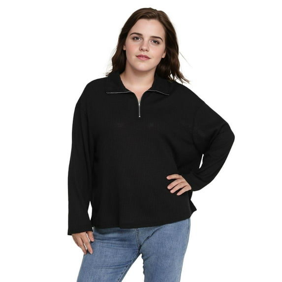 Women Plus Size Sweatshirts Long Sleeve Shirts Drop Shoulder Waffle Knit Tee Loose Casual Zipper Lapel Sweaters