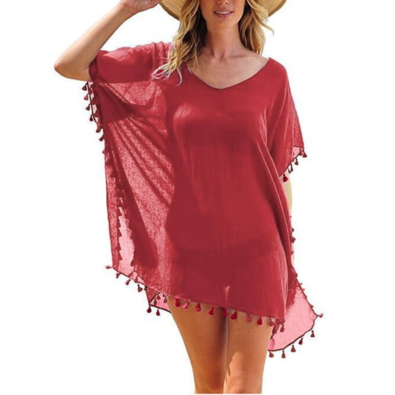 Women Plus Size Swimwear Cover-Ups Short Sleeve Mesh Shirt Solid Color Tassel Hem Tee Tops Pullover Shirts Dress Red,One Size