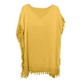 thumbnail image 1 of Women Plus Size Swimwear Cover-Ups Short Sleeve Mesh Shirt Solid Color Tassel Hem Tee Tops Pullover Shirts Dress Yellow,One Size, 1 of 3