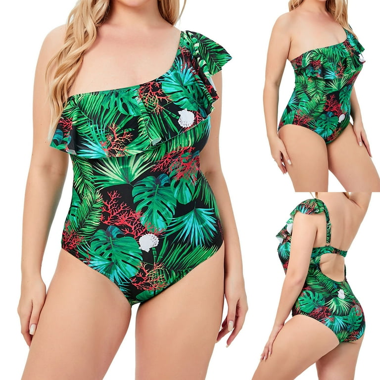 Women Plus Size Swimwear Full Flower Printed Bathing Suit One