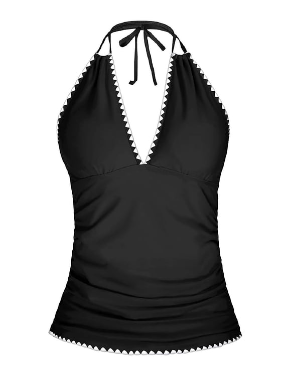 Women's Halter Tankini Top with Ruched V-Neck - Flowy Swim Top with Tummy Coverage (Top Only)