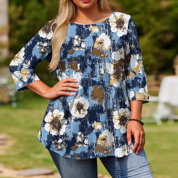Sawvnm T-Shirt Blouses Women's Fashion Loose Casual Printing 3/4 Sleeve T-Shirt Round Neck Plus Size Top Going Out Tops Blue 5XL