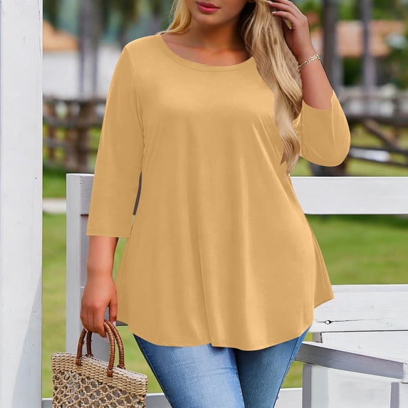 Women Plus Size T-Shirt Blouse Sawvnm Fashion Woman Casual Solid Blouse Round Neck Short Sleeve T-Shirt Summer Plus Size Tops for Women Army Green L