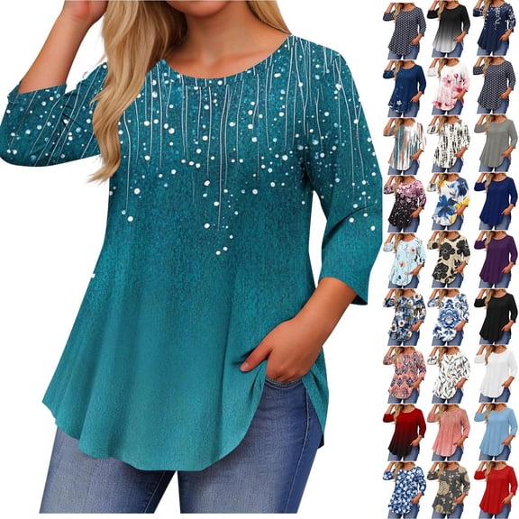 Sawvnm Women Blouses Plus Size Women's Fashion Loose Casual Printing 3/4 Sleeve T-Shirt Round Neck Plus Size Top Skirts for Women Sky Blue 2XL
