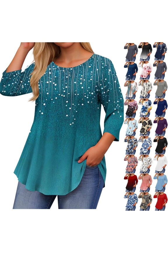 Summer Tops Plus Size Women's Fashion Loose Casual Printing 3/4 Sleeve T-Shirt Round Neck Plus Size Top Women Work Out Tops Sky Blue 3XL