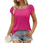 Women Plus Size T-Shirt Blouse Sawvnm Fashion Woman Causal Square Neck Solid Color Blouse Puff Short Sleeve T-Shirt Summer Tops for Women Hot Pink XL