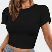 5 Days Delivery!Women Plus Size T-Shirt Blouse Sawvnm Women Cute Trendy Basic Tight Rounk Neck Crop Blouse Short Sleeve Crop Tops for Women Clearance under 5