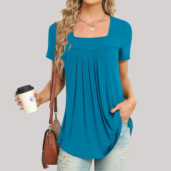 Women Plus Size T-Shirt Blouse Sawvnm Women Fashion Casual Round-Neck Short Sleeve Loose T-Shirt Blouse Tops for Women Light Blue M