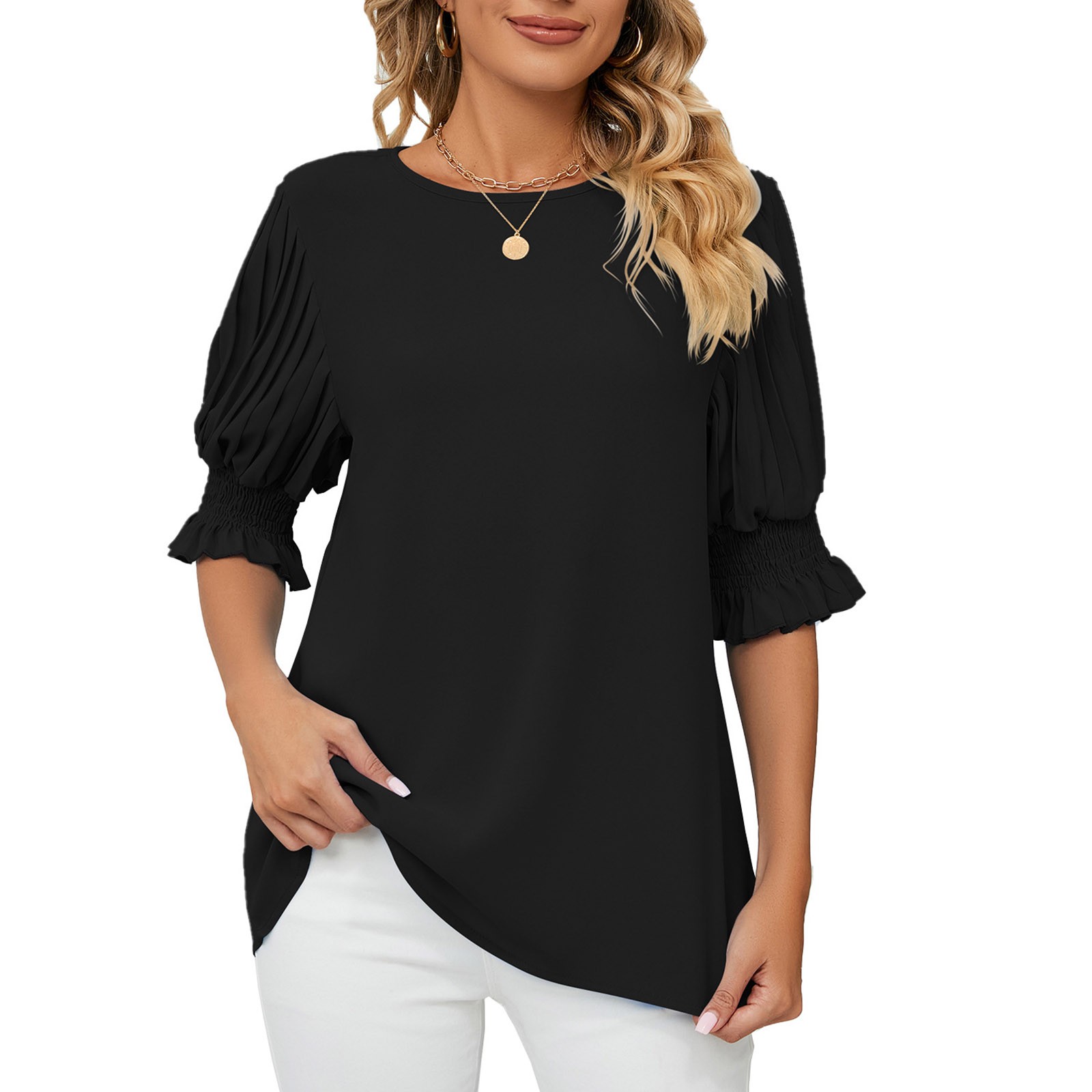 Women Plus Size T-Shirt Blouse Sawvnm Women's Round- Neck Solid Ruffle ...