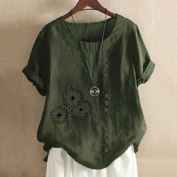 Plus Size Women Blouses Sawvnm Women's Summer Casual Round Neck Short Sleeve Printing Loose Shirt Tops for Women Army Green M