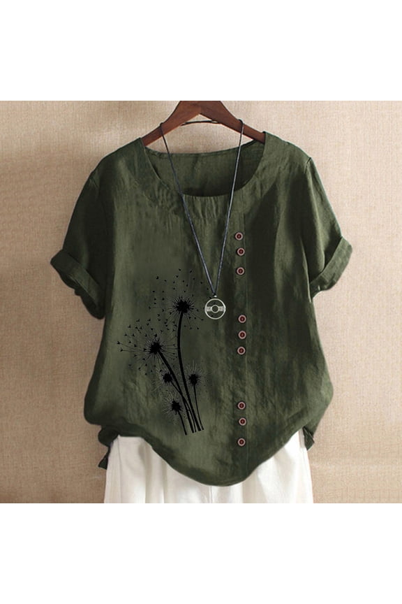 Plus Size Women Blouses Sawvnm Women's Summer Casual Round Neck Short Sleeve Printing Loose Shirt Tops for Women Army Green M