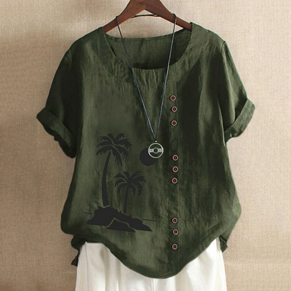 Tank Tops for Women Sawvnm Women's Summer Casual Round Neck Short Sleeve Printing Loose Shirt Tops for Women Army Green XL