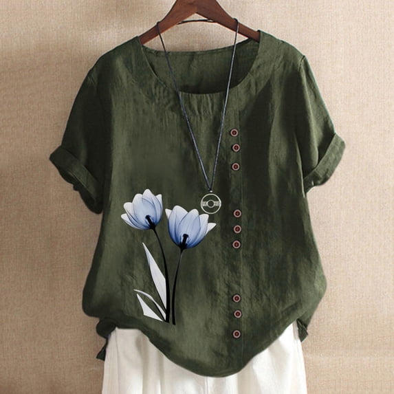 Womens Tank Tops Sawvnm Women's Summer Casual Round Neck Short Sleeve Printing Loose Shirt Tops Summer Blouses Army Green 2XL