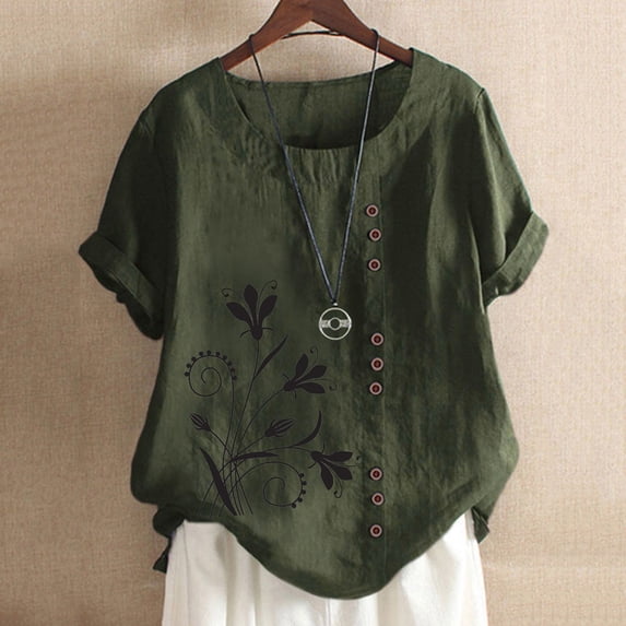 Women Plus Size T-Shirt Blouse Sawvnm Women's Summer Casual Round Neck Short Sleeve Printing Loose Shirt Tops Summer Blouses Army Green 5XL