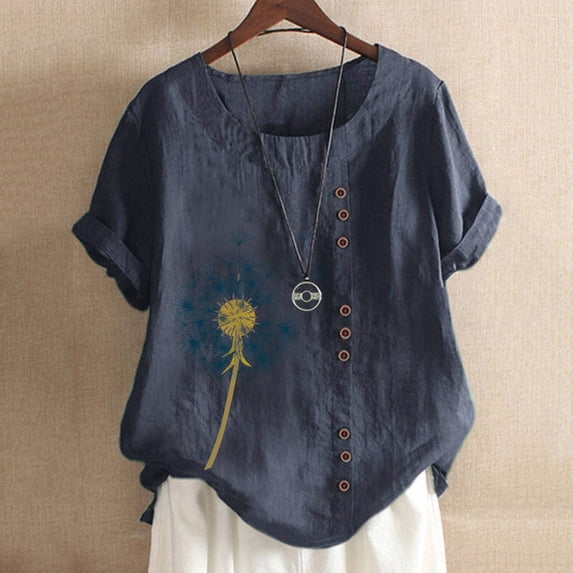 Womens Summer Tops Sawvnm Women's Summer Casual Round Neck Short Sleeve Printing Loose Shirt Tops Summer Blouses Navy L