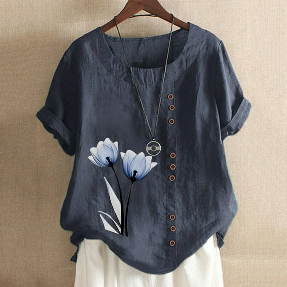 Women Blouses Sawvnm Women's Summer Casual Round Neck Short Sleeve Printing Loose Shirt Tops Summer Blouses Navy S