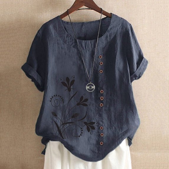 Womens Tank Tops Sawvnm Women's Summer Casual Round Neck Short Sleeve Printing Loose Shirt Tops Summer Blouses Navy 2XL