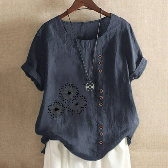 Women Plus Size T-Shirt Blouse Sawvnm Women's Summer Casual Round Neck Short Sleeve Printing Loose Shirt Tops for Women Navy XXXL