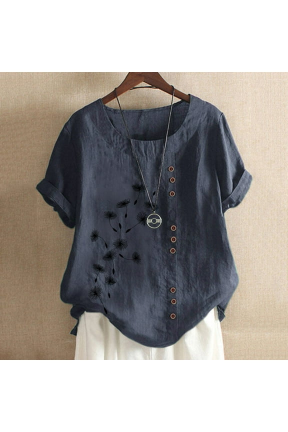 Boho Tops for Women Sawvnm Women's Summer Casual Round Neck Short Sleeve Printing Loose Shirt Tops for Women Navy 3XL