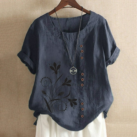 Women Plus Size T-Shirt Blouse Sawvnm Women's Summer Casual Round Neck Short Sleeve Printing Loose Shirt Tops Summer Blouses Navy 5XL