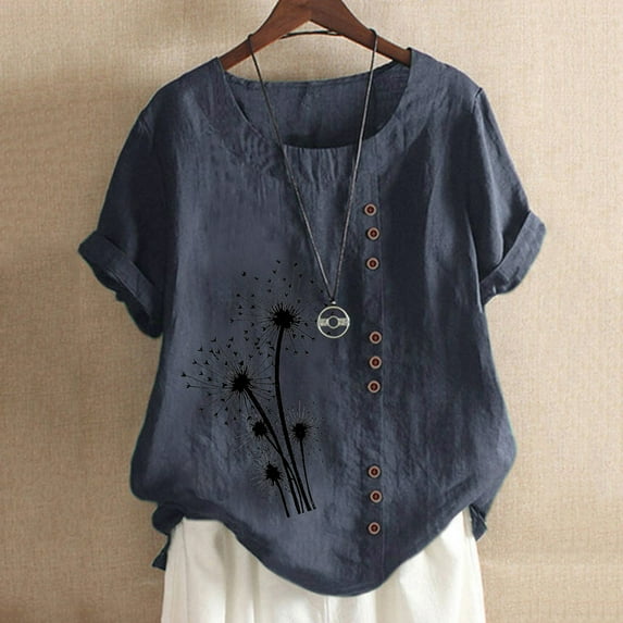 Women Plus Size T-Shirt Blouse Sawvnm Women's Summer Casual Round Neck Short Sleeve Printing Loose Shirt Tops Summer Deals Navy XXXXXL