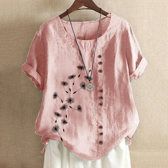 Womens Summer Tops Sawvnm Women's Summer Casual Round Neck Short Sleeve Printing Loose Shirt Tops Summer Blouses Pink L