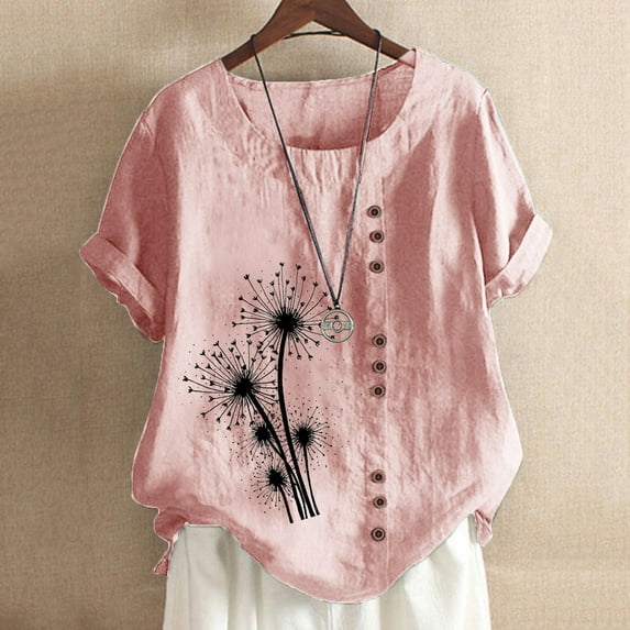 Womens Summer Tops Sawvnm Women's Summer Casual Round Neck Short Sleeve Printing Loose Shirt Tops Summer Deals Pink L