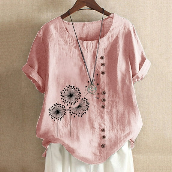 Boho Tops for Women Sawvnm Women's Summer Casual Round Neck Short Sleeve Printing Loose Shirt Tops for Women Pink XXXL