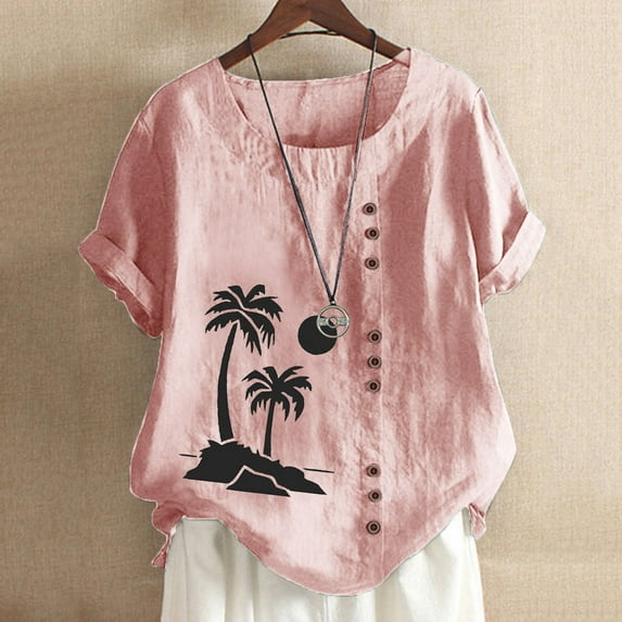 Boho Tops for Women Sawvnm Women's Summer Casual Round Neck Short Sleeve Printing Loose Shirt Tops for Women Pink XXXL